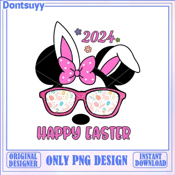 Happy Easter 2024 PNG Design with Bunny Glasses and Bow