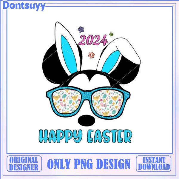 Happy Easter 2024 PNG Design with Bunny Ears and Glasses