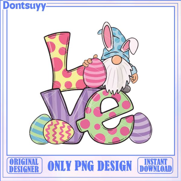 Colorful Love Gnome PNG Design with Easter Eggs – Instant Download