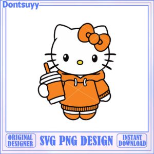 Cute Hello Kitty SVG Design in Orange Hoodie with Drink