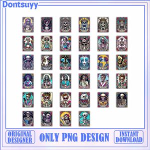 Colorful Skeleton Card Illustrations PNG Digital Download Art Set