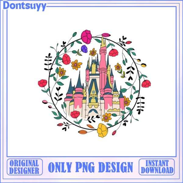 Colorful Castle Design with Floral Elements PNG Instant Download