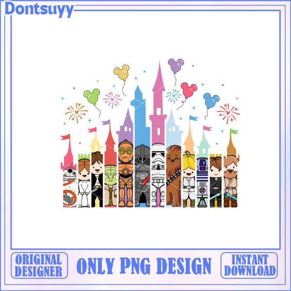 Colorful Cartoon Castle with Iconic Heroes PNG Instant Download